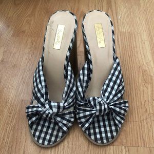 QUPID Gingham Crisscross Strap Knot Block Heels